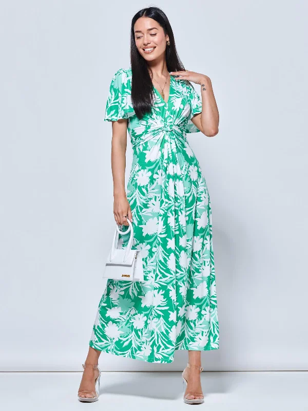 Twist Front Jersey Maxi Dress, Green Floral Comfortable Cotton Maxi Dress