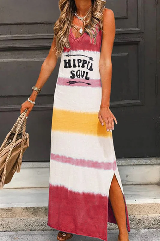 V-neck Letter Print Slit Tank Maxi Dress Stylish Off-Shoulder Maxi Dress