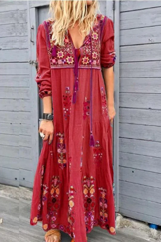 V-neck Tassel Embroidery Maxi Dress Classic V-Neck Maxi Dress