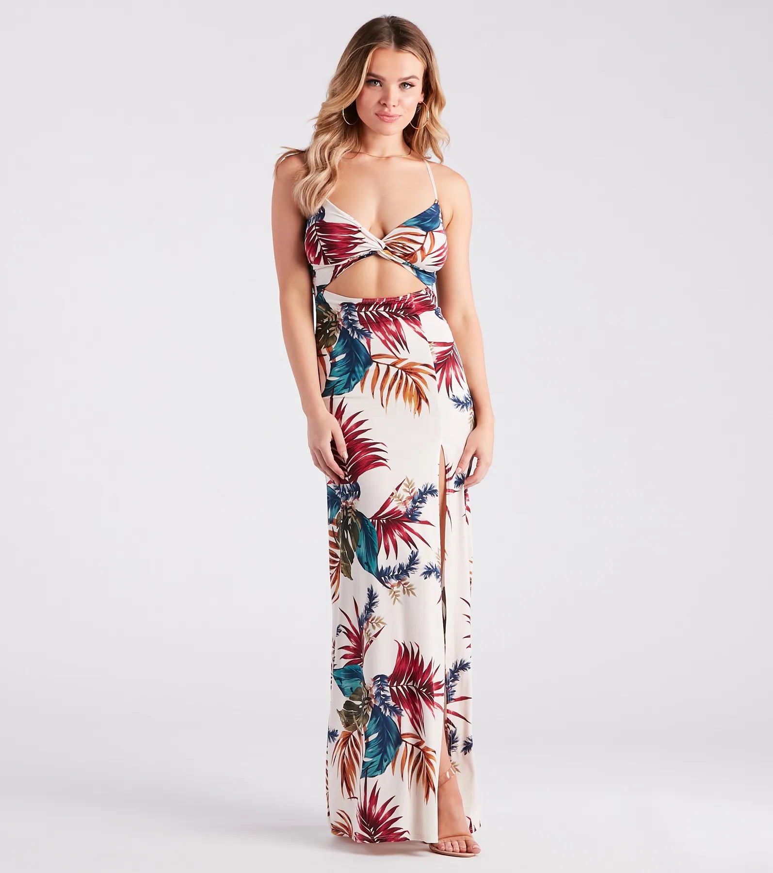 Vacation Awaits Tropical Print Cutout Maxi Dress Stylish V-Neck Maxi Dress