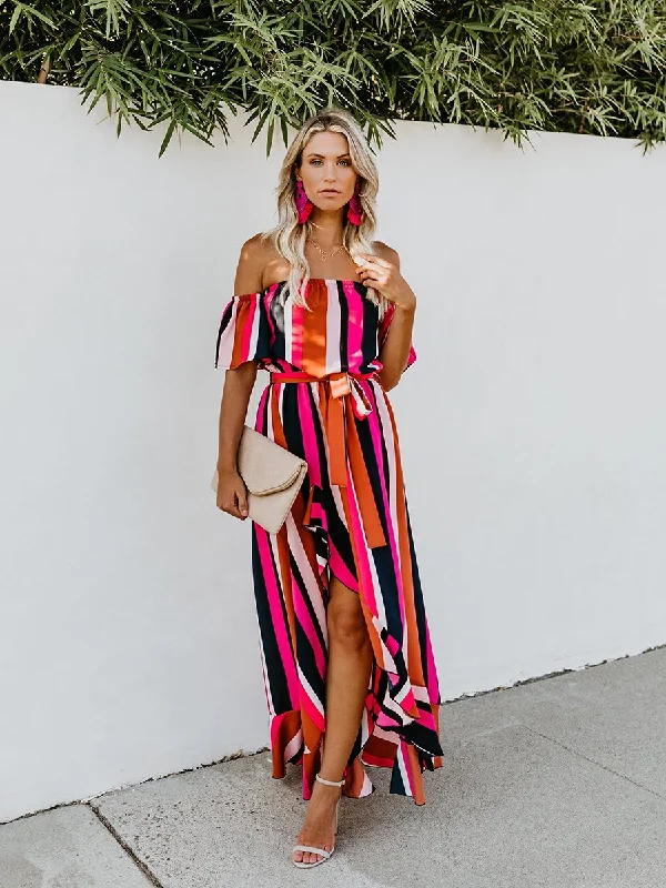 Vacation Off Shoulder Striped Belt Maxi Dress Elegant Maxi Dress with Pockets