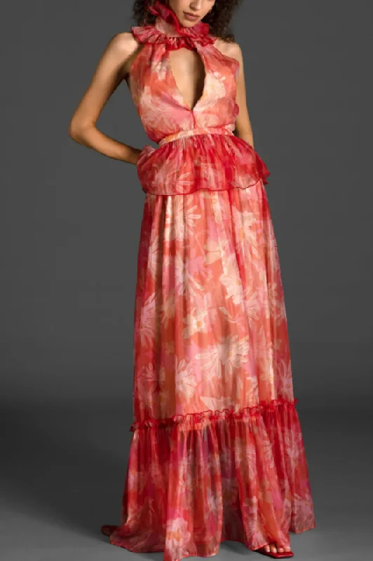 Vanija V-Neck Ruffle Maxi Dress Trendy Satin Maxi Dress