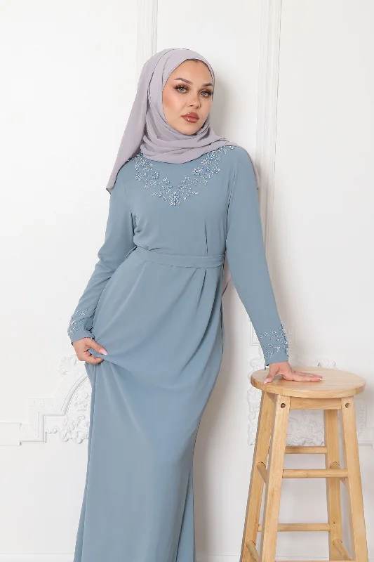 Vera Chiffon Beaded Maxi Dress- Dusty Blue Stylish Longline Maxi Dress