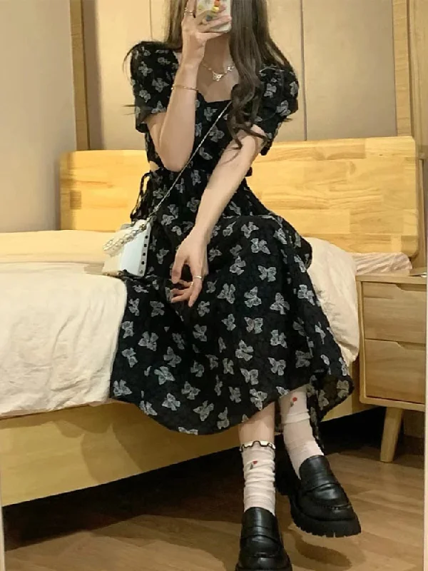 Vintage Black Square Collar Bandage Puff Sleeve Print Chiffon Midi Maxi Dresses for Women Party Dress Korea Clothing Summer Cozy Ruffle Sleeve Maxi Dress