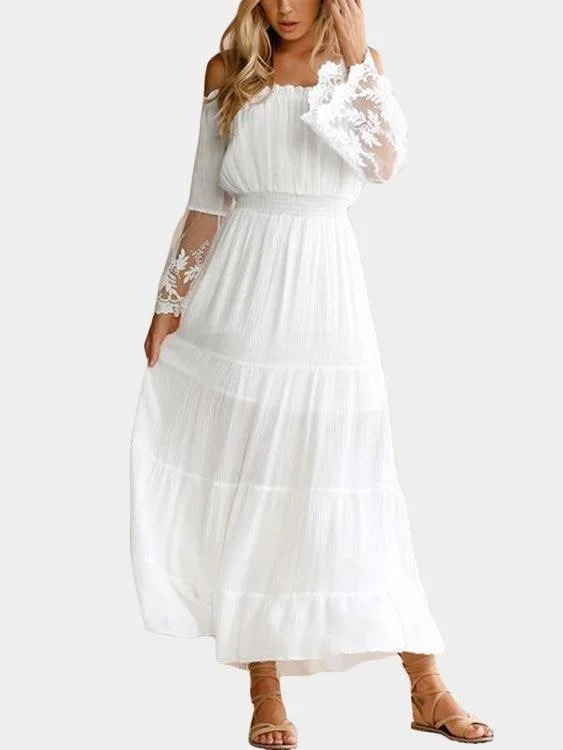 White Lace Details Off The Shoulder Flared Sleeves Maxi Dress Trendy Floral Print Maxi Dress