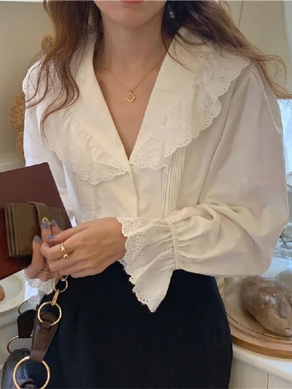 Women Blouse Female Shirt Summer Womens Blouses Spring Maxi Blusas Casual Elegant Vintage Long Sleeve Cotton Oversize Loose Chic Ruffle Blouse