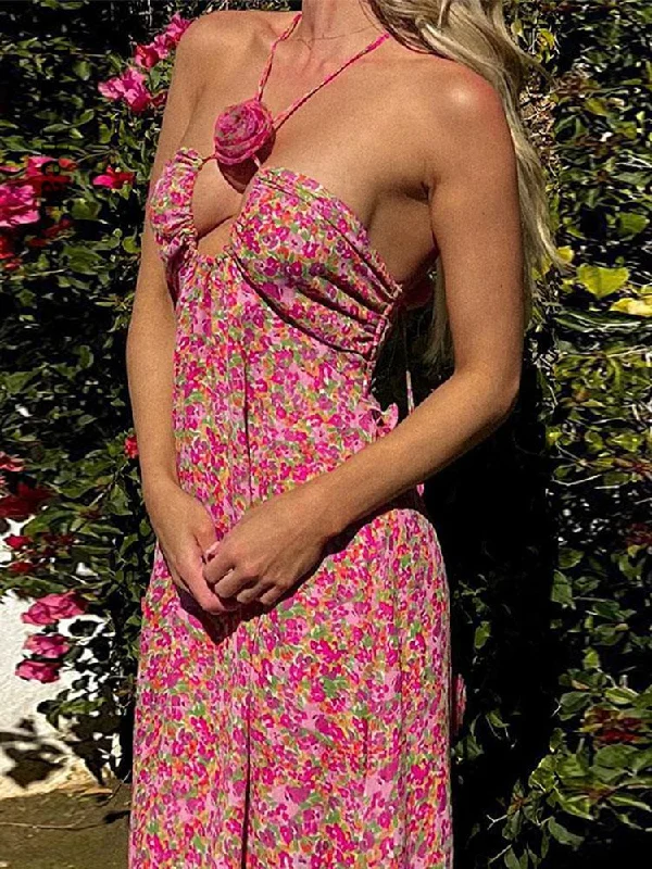 Lizakosht Women Floral Print Halter Maxi Dress Sexy Sleeveless Backless Loose Beach Dresses Summer Fashion Hollow Out Long Dress Vestido Stylish Pleated A-Line Maxi Dress