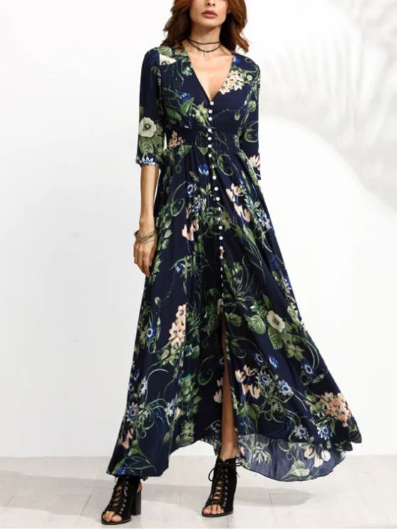 Women Single-Breasted Mid Sleeves Printed Maxi Dress Stylish Maxi Dress with Pleats