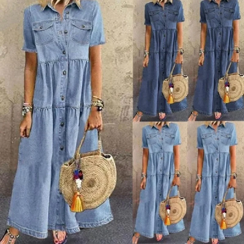 Women Summer Autumn Denim Long Dresses Retro Button Pockets Jeans Maxi Dress Ladies Casual Vestidos Comfortable Bohemian Maxi Dress