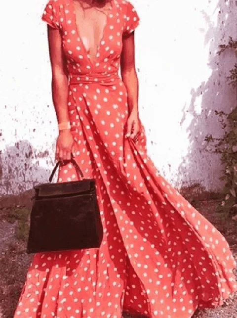 Women s Boho Polka Dots Deep V Neck Short Sleeve Maxi Dress Elegant Floral Maxi Dress