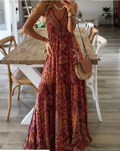 Women's Boho Vintage Maxi Dress Flora Print Deep V Neck Loose High Waist Dresses Spaghetti Strap Summer Retro Vestidos Clothes Elegant Lace Maxi Dress