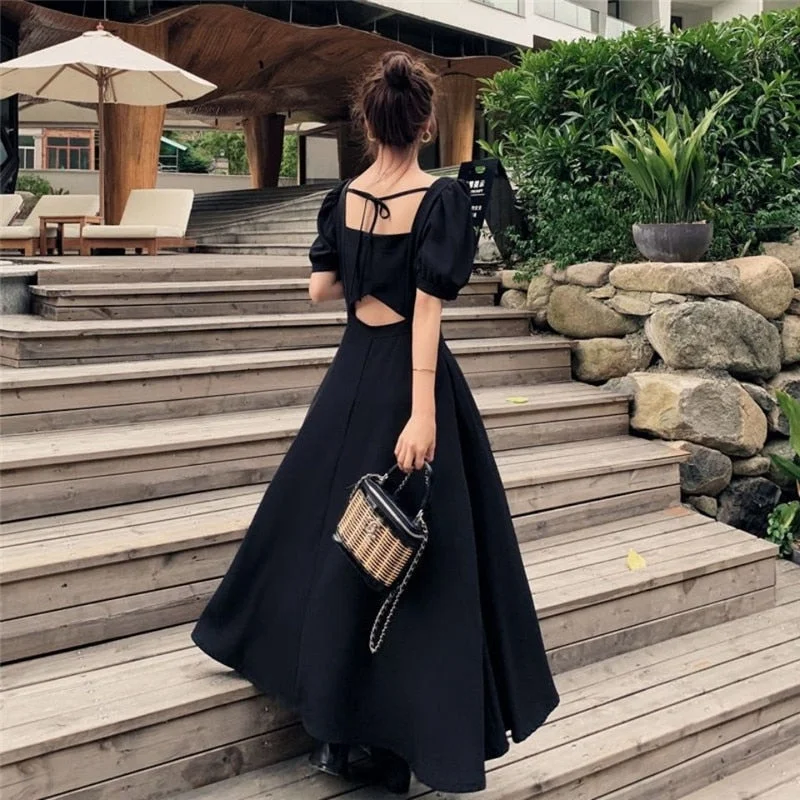 Darianrojas Womens Chic Black Square Collar Puff Sleeve Bow A-line Dress Women Summer Elegant High Waist Long Maxi Dresses Female Clothing Trendy Ruffled Maxi Dress