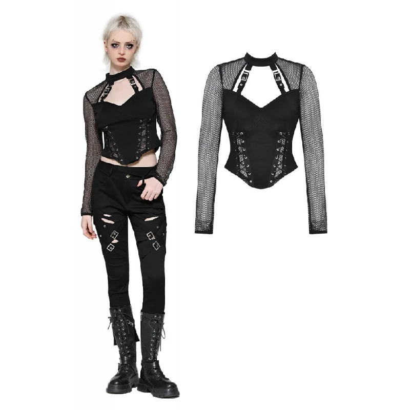 Women's Punk Cut-out Mesh Long Sleeved Blouse Lightweight Chiffon Blouse