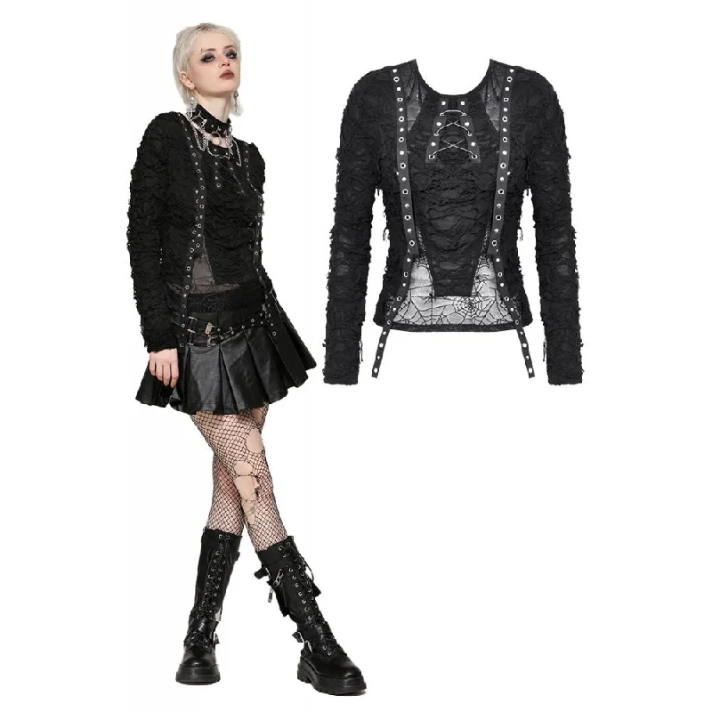 Women's Punk Mesh Eyelets Long Sleeved Blouse Casual Button Blouse