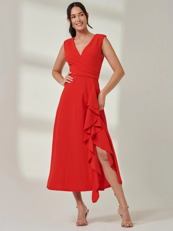 Wrap Front Frill Detail Maxi Dress, Red Comfortable T-Shirt Maxi Dress