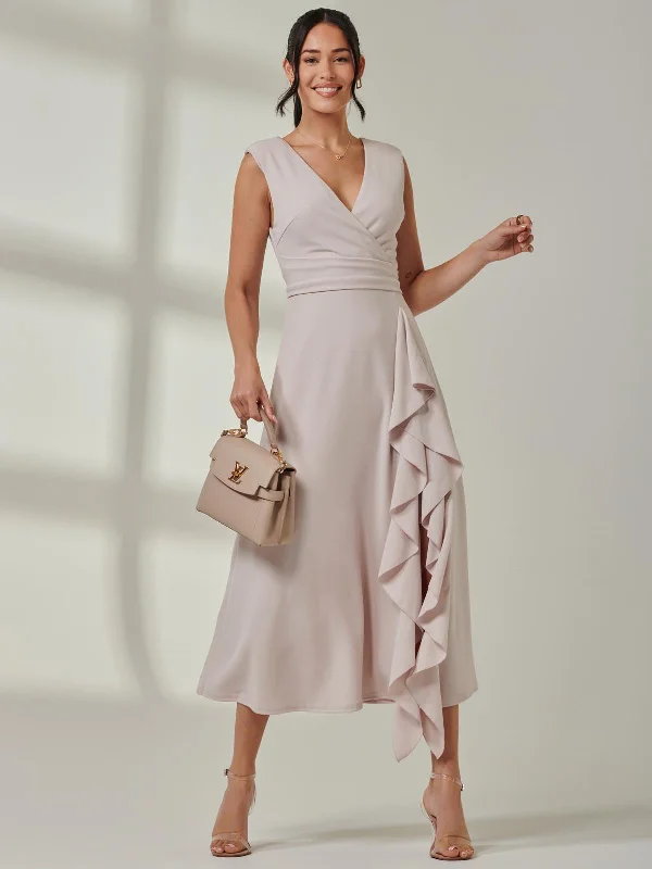 Wrap Front Frill Detail Maxi Dress, Dove Elegant Pleated Maxi Dress