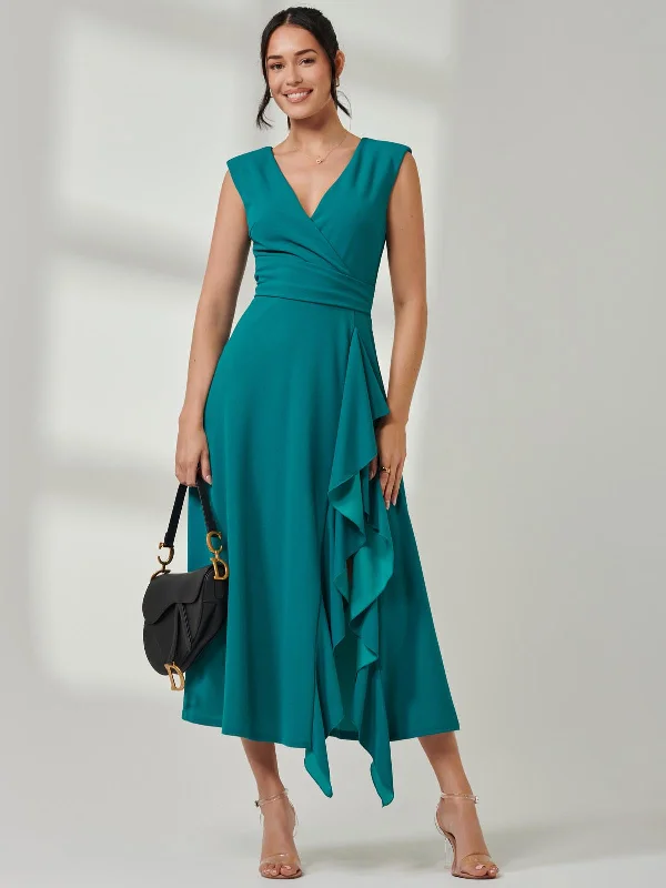 Wrap Front Frill Detail Maxi Dress, Teal Classic A-Line Maxi Dress