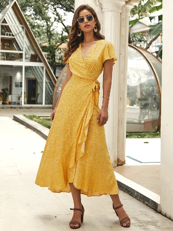 Wrap V Neck Beach Party Maxi Dress Elegant Floral Maxi Dress