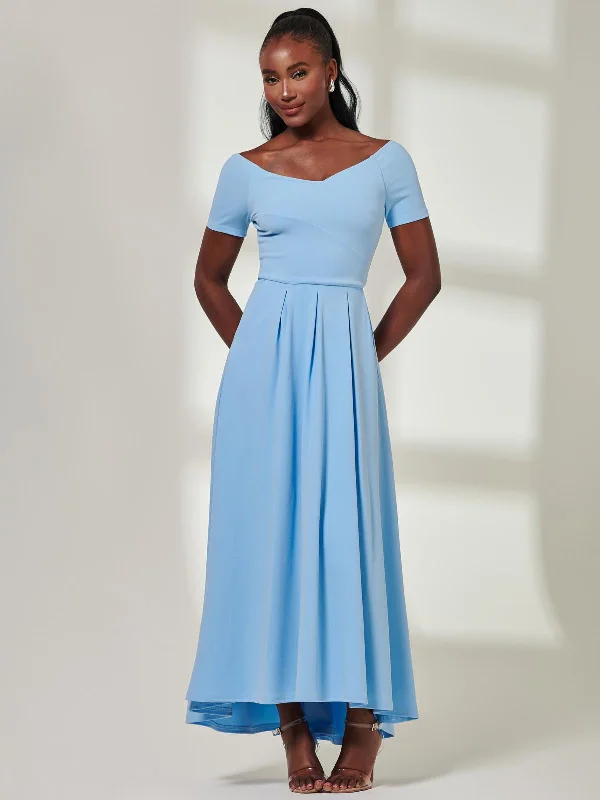 Yana Off Shoulder Scuba Maxi Dress, Blue Stylish Empire Waist Maxi Dress