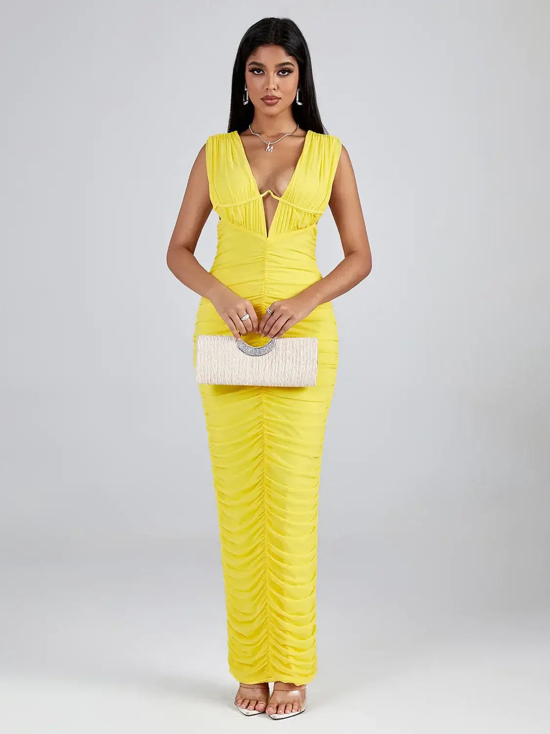 Yellow Mesh Deep V Neck Sleeveless Ruched Maxi Dress Trendy Maxi Dress with Lace