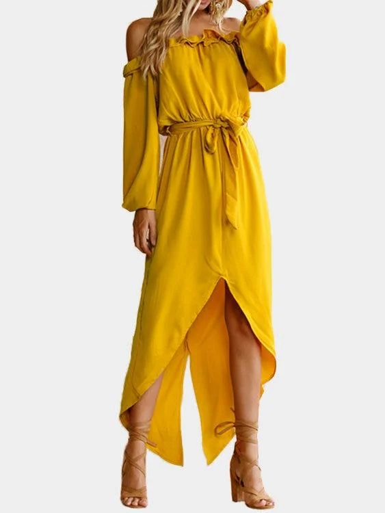 Yellow Off The Shoulder Long Sleeves Split Hem Maxi Dress with Belt Stylish Pleated A-Line Maxi Dress