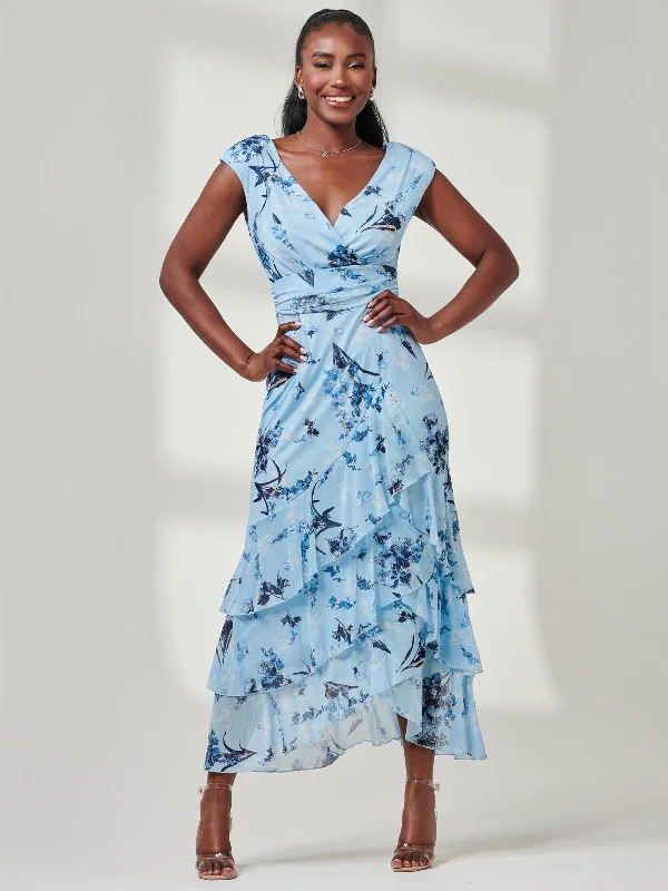 Yuri Mesh Frill Hem Maxi Dress, Blue Multi Elegant Maxi Dress with Belt