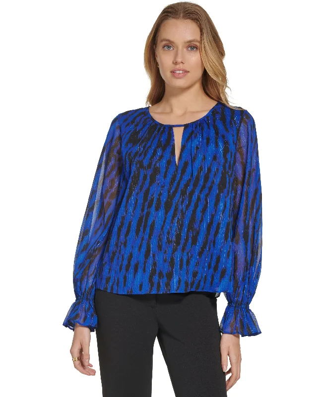 DKNY Keyhole Long Sleeve Ruffle Blouse Wrap Front Blouse