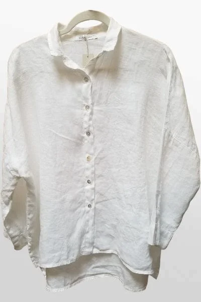Linen Hi-Lo Buttoned Blouse Delicate Bow Blouse