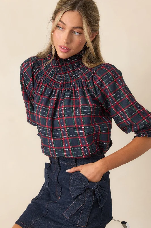 In The Zone 100% Cotton Navy Plaid Smock Neck Blouse Balloon Sleeve Blouse