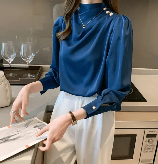 Long Sleeve High Neck Blouse Bell Sleeve Blouse