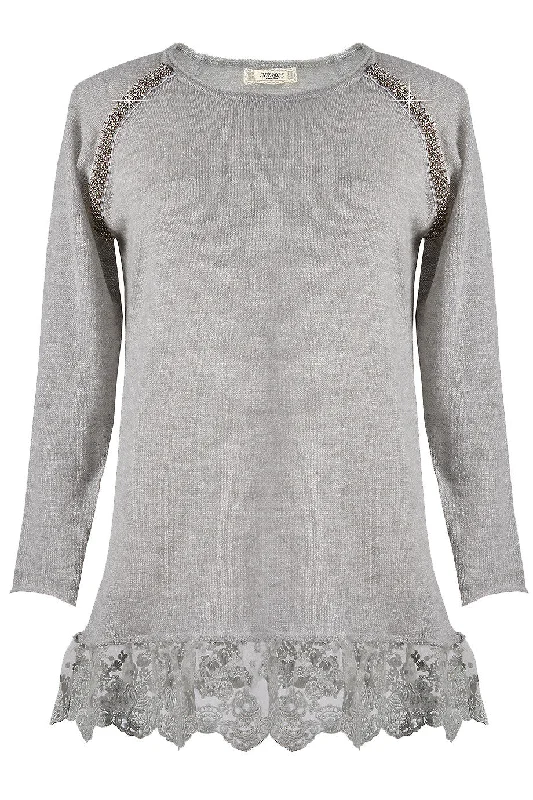 LEANDER Grey Lace Long Blouse Relaxed Fit Blouse