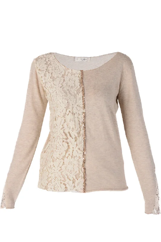 LUNA Beige Lace Sequin Blouse Textured Cotton Blouse