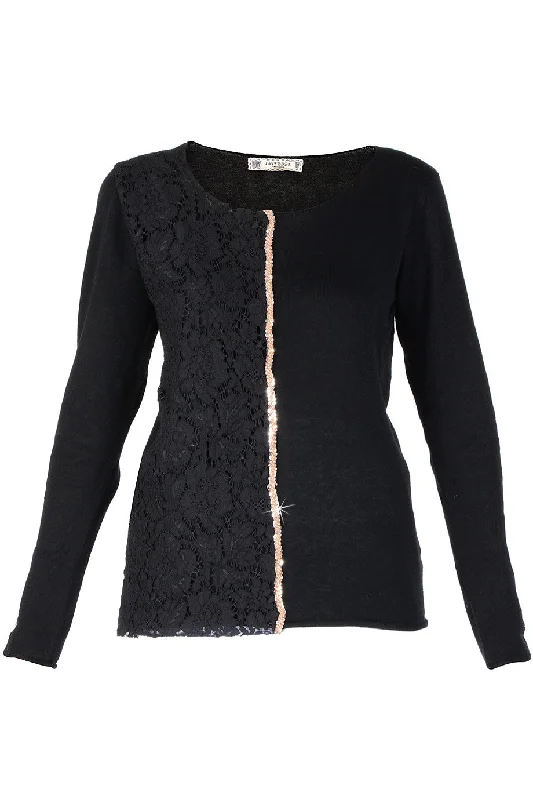 LUNA Black Lace Sequin Blouse Chic Square Blouse