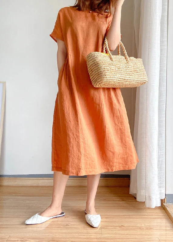 Orange Linen Blouse Top O-Neck Cinched Short Sleeve Boho Printed Blouse