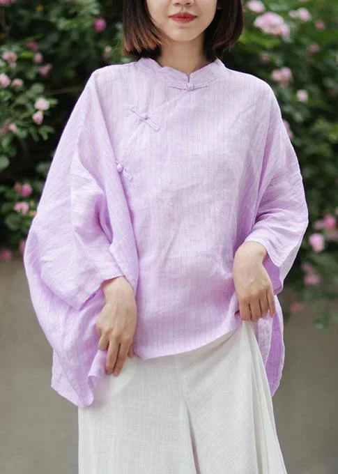 Organic stand collar linen Blouse Photography light purple striped blouse Puff Sleeve Blouse