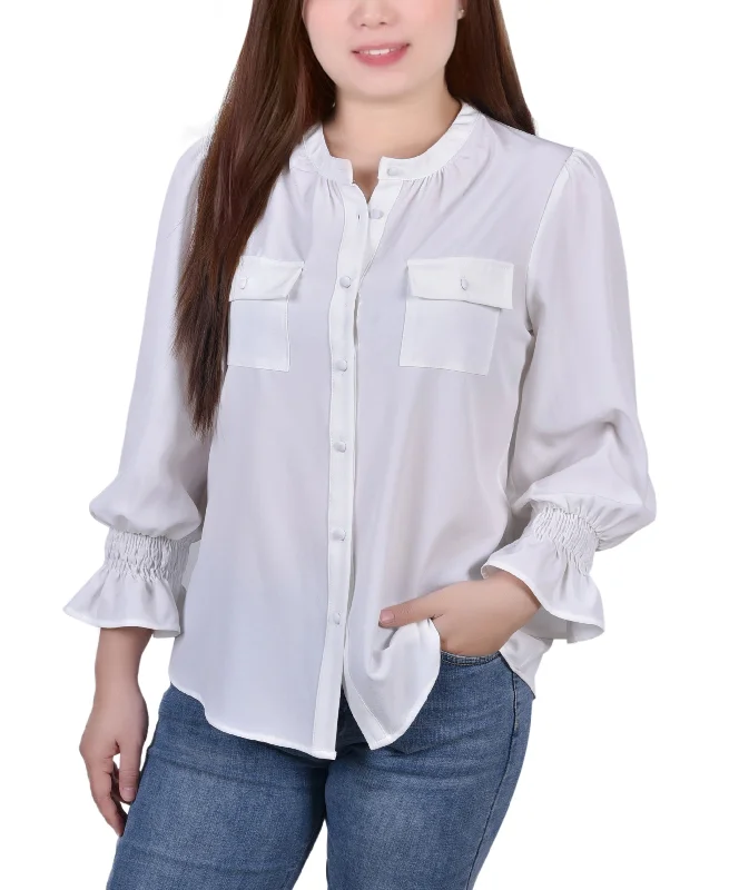 Petite Long Sleeve Y-Neck Blouse Subtle Shimmer Blouse