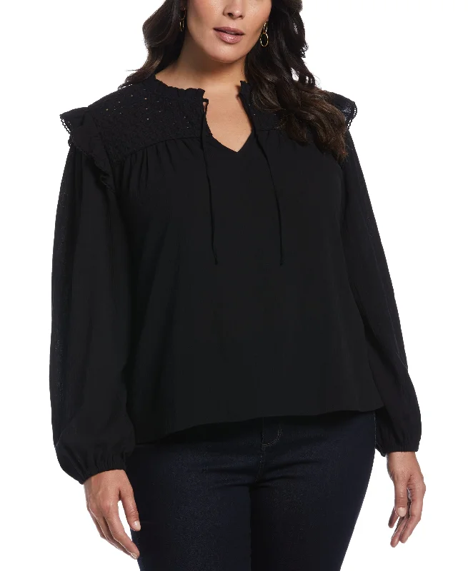 Plus Size Eyelet Yoke Ruffle Gauze Long Sleeve Blouse Elegant Lace Blouse