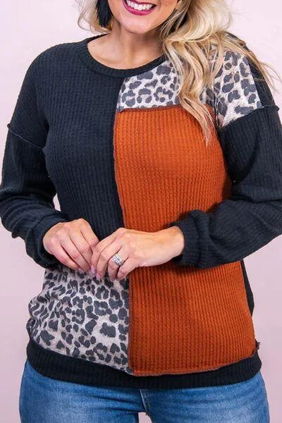 Plus Size Waffle-Knit Leopard Blouse Embroidered Cotton Blouse