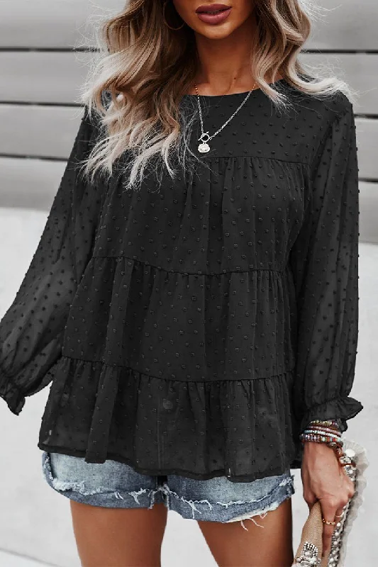 Long Sleeves Crew Neck Chicffon Blouses PomPom Pleated Top Gathered Detail Blouse