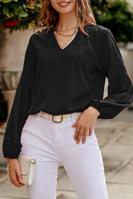 Black V Neck Oversized Chiffon Long Puff Sleeve Blouse Silky Tunic Blouse