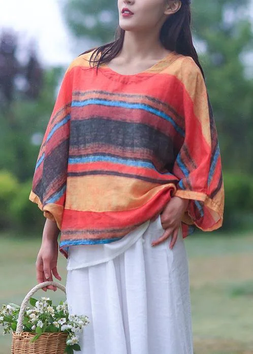 Women striped linen shirts women o neck Batwing Sleeve loose summer blouses Sleeveless Summer Blouse