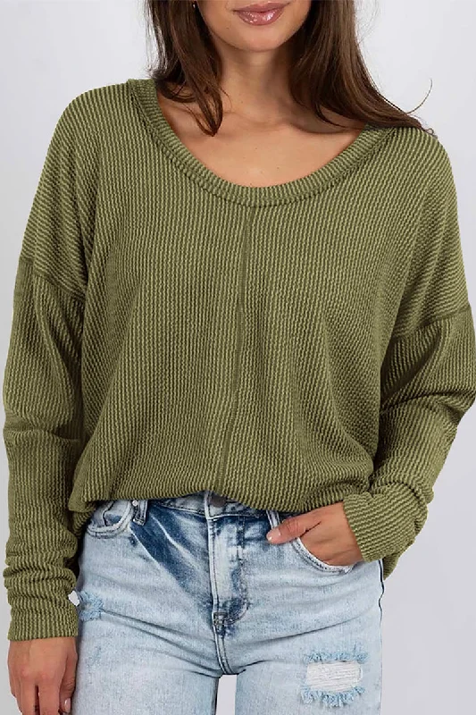 Women's 2024 Fall Casual Long Sleeve Going Out Tops Ribbed V Neck Loose Fit Trendy Cute T Shirts Tee Blouses Drape Neck Blouse