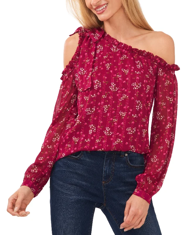 Women's Floral-Print Cold-Shoulder Long Sleeve Bow Blouse Frilled Cuff Blouse