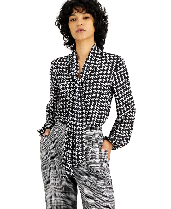 Women's Houndstooth Printed Long Sleeve Blouse Backless Summer Blouse