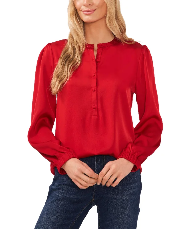 Women's Long Sleeve Crew Neck Button-Up Blouse Classic Minimalist Blouse