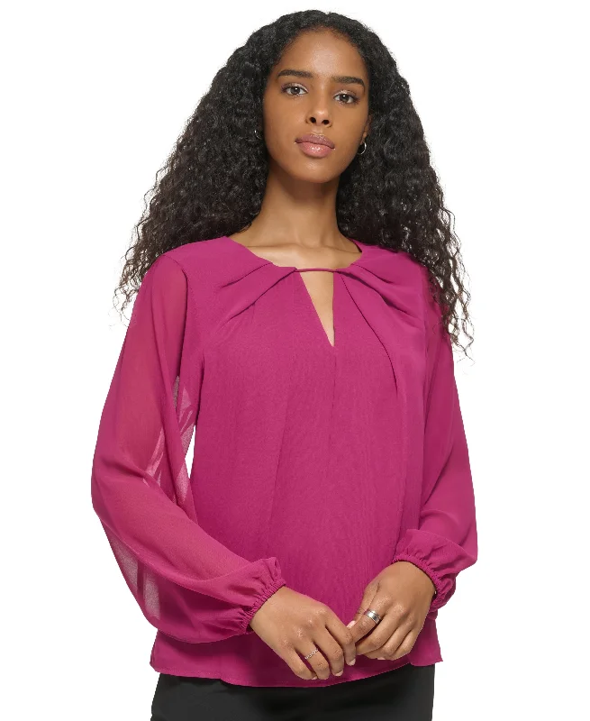 Women's Long Sleeve Keyhole Neck Chiffon Blouse Subtle Shimmer Blouse