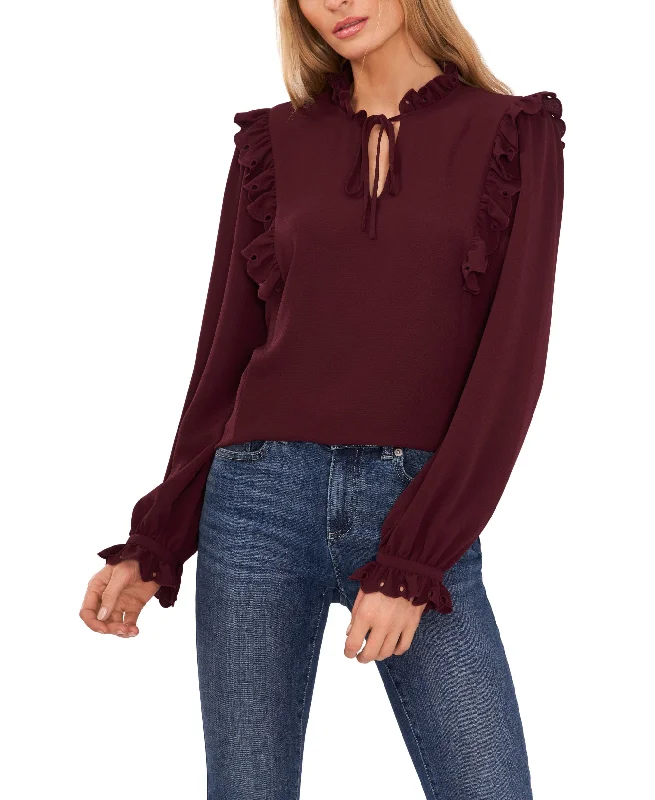 Women's Long Sleeve Ruffled Tie-Neck Blouse Versatile Layering Blouse