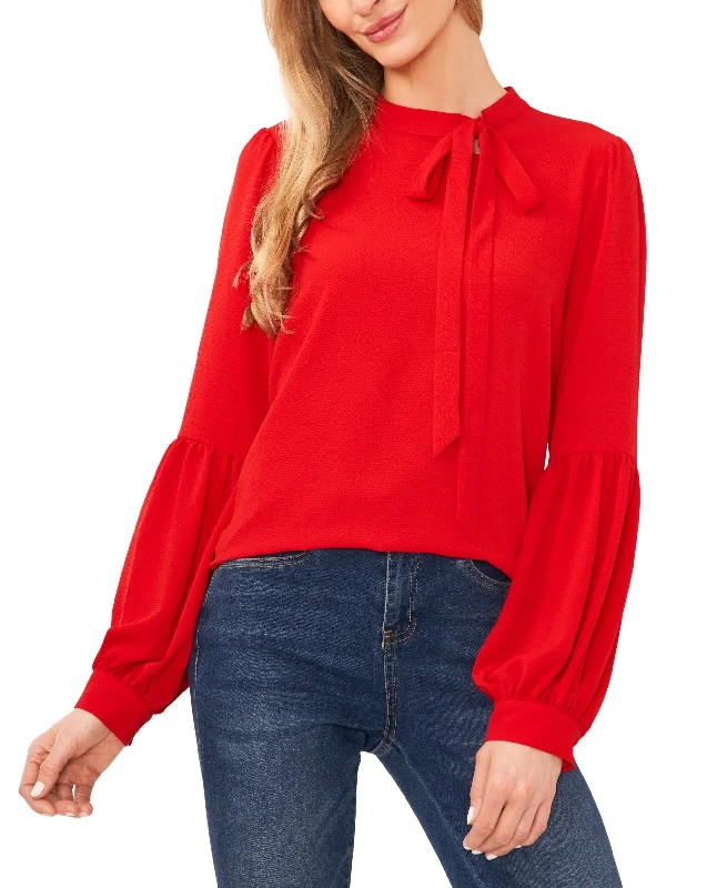 Women's Solid Long Sleeve Tie-Neck Puff-Sleeve Blouse Chic Sleeveless Blouse