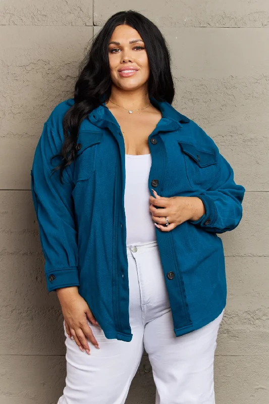 Hazel Blues® |  Cozy in the Cabin Fleece Elbow Patch Shacket in Teal Backless Summer Blouse