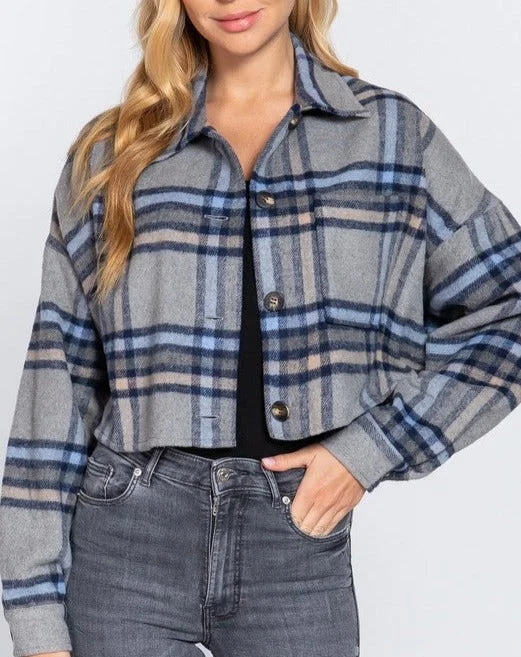 Plaid Cropped Shacket Double Button Blouse